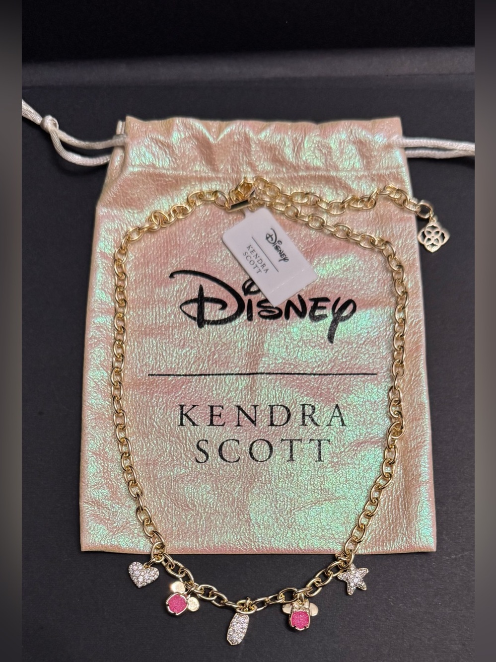 Kendra Scott X Disney Mickey Minnie Mouse Pink Drusy Pendant Gold Necklace NWT - Picture 8 of 14